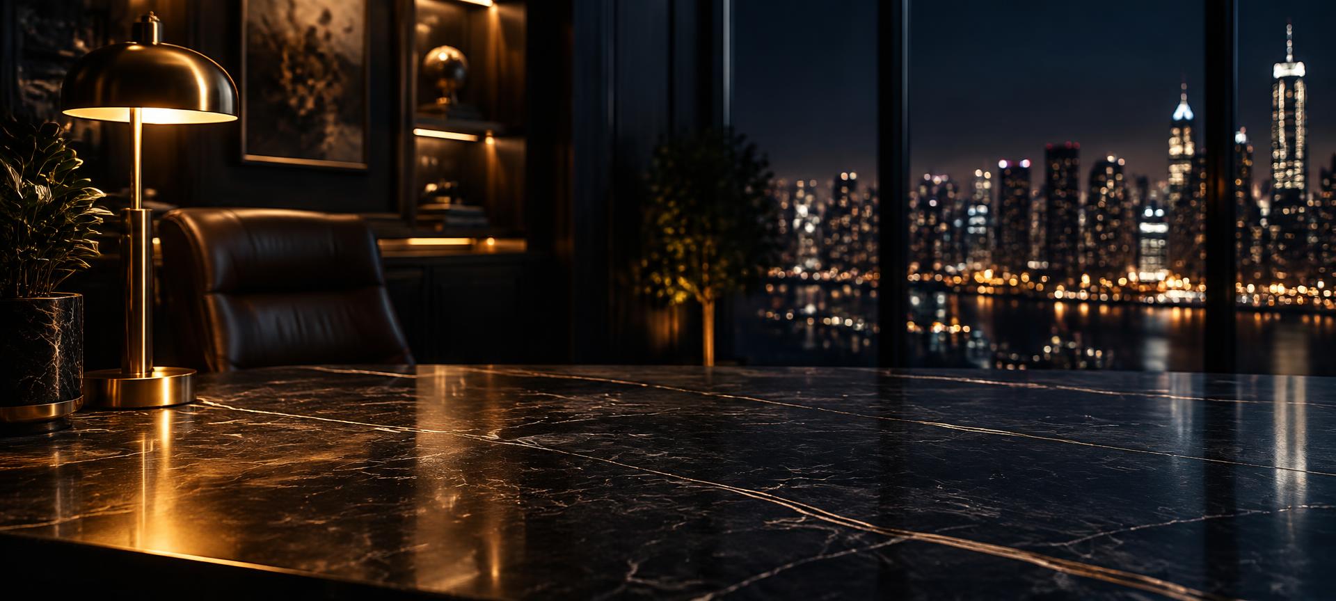 A polished black marble executive desk in a night-time office with a city skyline beyond the window