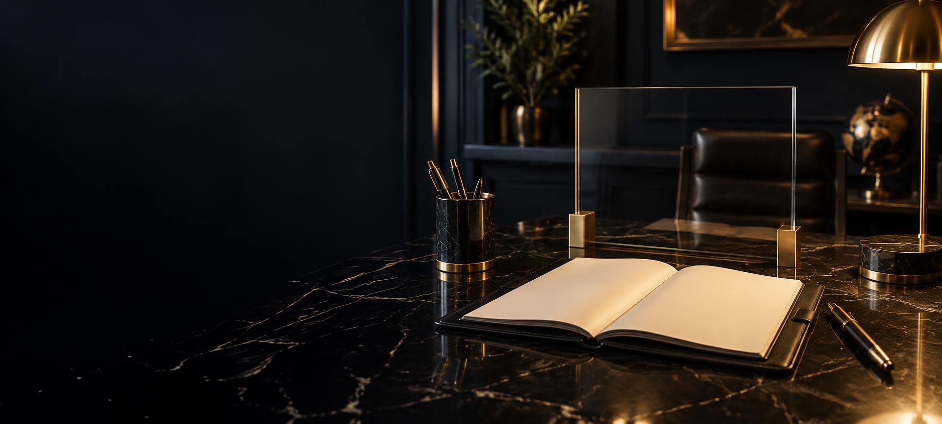 An open leather folio and an optical glass panel on a marble desk